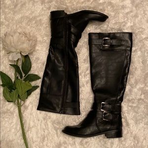 Black faux leather riding boots w buckles